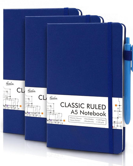 feela 3 Pack Notebooks Journals Bulk with 3 Black Pens, A5 Hardcover Notebook Classic Ruled Lined Journal Set with Pen Holder for Work Business Journaling Note Taking, 120 GSM, 5.1”x8.3”, Navy