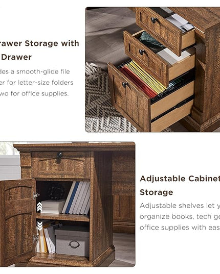 OKD 60" L Shaped Executive Desk with Hutch and Drawers, Farmhouse Home Office Desk with Charging Station, File Cabinet Storage, Wood Corner Computer Desk for Work and Study, Reclaimed Barnwood