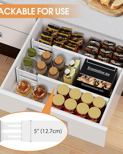 Bamboo Drawer Dividers Organizers, Kitchen Drawer Organizer, Adjustable Drawer Divider for Clothes, Kitchen, Dresser, Bedroom, Bathroom and Office, 4-Pack (White, 12-17 IN)