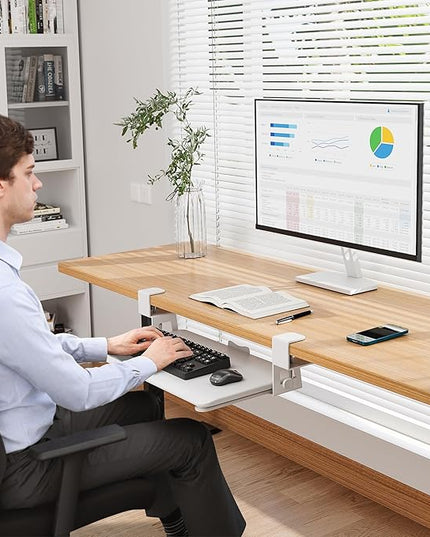 BONTEC KMT01-PJ Under Desk Keyboard Tray, Pull-Out Keyboard & Mouse Platform with C-Clamp, 20 x 11.8 in Space-Saving Ergonomic Slide-Out Drawer, White