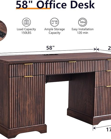 JXQTLINGMU 58" Modern Executive Desk with Storage, Wood Home Office Desk with 5 Drawers & 1 Cabinet, Fluted Computer Writing Desk for Study, Living Room, Bedroom, Dark Walnut