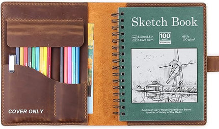 Robrasim Handmade Leather Sketchbook Cover, Leather Artist Sketch Pad Cover for 5.5" x 8.5" Sketchbook, Drawing Book and Pencil Case, Journal Notebook Portfolio, Artis Gifts-Brown