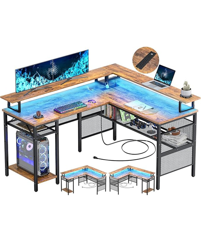 Unikito L Shaped Desk with LED Light and Power Outlet, Reversible Corner Computer Table with Monitor Stand and Storage Shelf, Modern L- Shaped Gaming Desk, Ergonomic Home Office Desk, Rustic Brown
