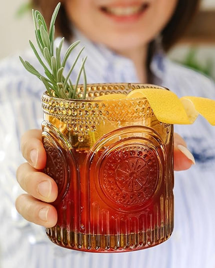 Vintage Amber Drinking Glasses Set of 6 by Kate Aspen - 10 oz Ribbed Glassware for Drinking Water, Juice, Cocktail Glasses - Ribbed Glass Cups Set, Iced Coffee Cup, Kitchen Drinkware or Home Bar