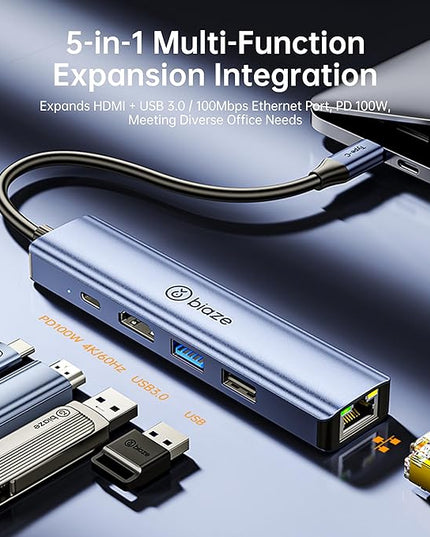 Biaze 4K60Hz USB-C Hub, 5-in-1 USB-C to HDMI Adapter Supports 100W PD Fast Charging, 100Mbps Ethernet, 4K@60Hz HDMI, USB 3.0 Compatible with MacBook Pro/Air, Laptop Type-C Docking Station