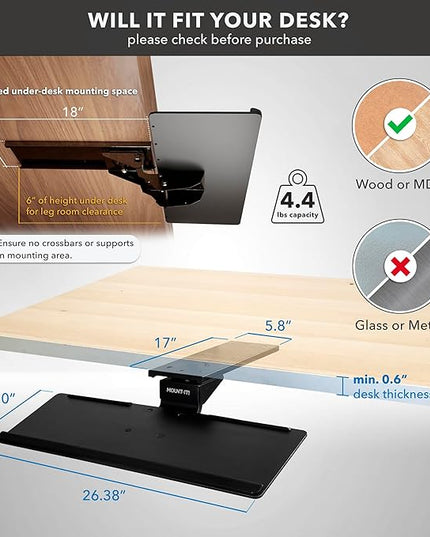 Mount-It! Under Desk Keyboard Tray – Adjustable Slide-Out Keyboard Drawer with Tilt & Swivel, 26.4" One-Piece Platform with Wrist Rest, Ergonomic Pull-Out Keyboard Holder