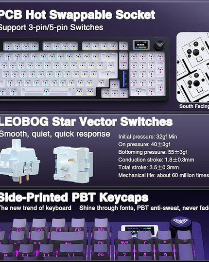 AULA S98 Pro Wireless Mechanical Keyboard with Screen & Knob,2.4GHz/USB-C/BT5.0 Hot Swappable Creamy Keyboard,Pre-lubed Linear Switches,Side Printed PBT Keycaps,RGB Backlit Gaming Keyboards