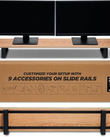 Moodular Wooden Monitor Stand 45.6” (116cm) Large Desk Organizer with Metal Slide Rails for Drawer, Tray, Laptop, Tablet, Phone & Headphones Customizable Riser for Organized Workspace Oak