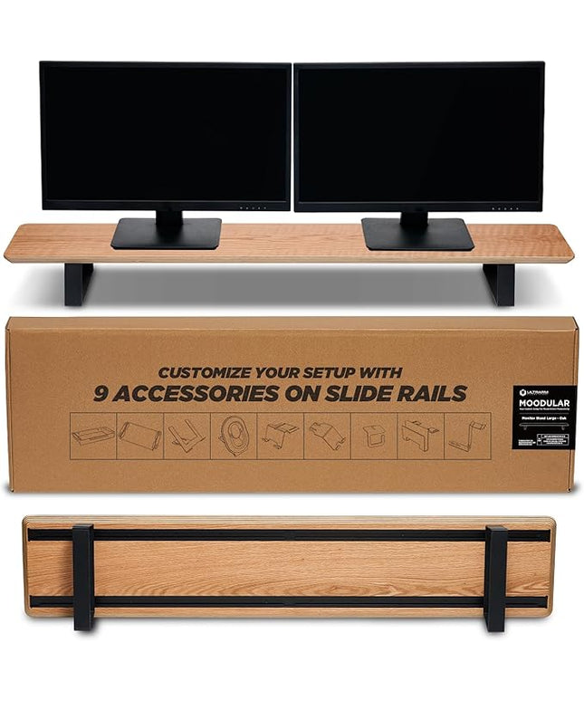 Moodular Wooden Monitor Stand 45.6” (116cm) Large Desk Organizer with Metal Slide Rails for Drawer, Tray, Laptop, Tablet, Phone & Headphones Customizable Riser for Organized Workspace Oak