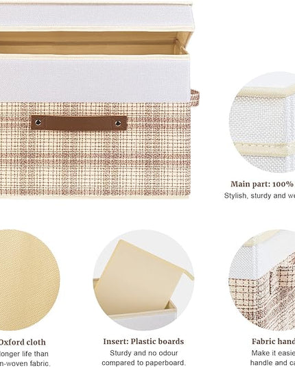 TYEERS Collapsible Storage Bins with Lids, Patchwork Design, Washable, Fabric Storage Boxes, 14.9x9.8x9.8 inches, 5 Pack, Camel Tan