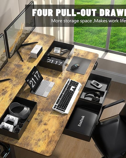 Electric Standing Desk, 63 * 30 Inches Adjustable Height with 4 Drawers, Double Storage Shelves Stand Up Desk, Home Office Workstation Sit Stand up Desk (Rustic Brown)