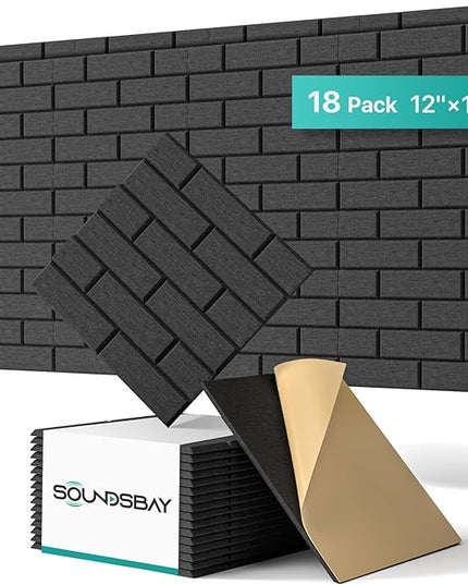 Soundproof Wall Panels Self-adhesive, Acoustic Panels 18 Pack Brick Wall Panels, High Density Sound Absorbing Panel for Walls, Office,Reccording Studio, Ceiling 12" X 12" X 0.4" Black