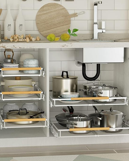 Expandable Pull Out Cabinet Organizers,Slide Out Drawers Adjustable Width W:16.9”-28” x D:22.2”,Heavy Duty Chrome Plated Gliding Cupboard Shelves for Kitchen,Pantry,Under Sink or Closet,2 Packs