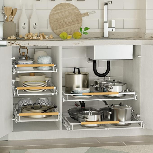 Expandable Pull Out Cabinet Organizers,Slide Out Drawers Adjustable Width W:16.9”-28” x D:22.2”,Heavy Duty Chrome Plated Gliding Cupboard Shelves for Kitchen,Pantry,Under Sink or Closet,2 Packs
