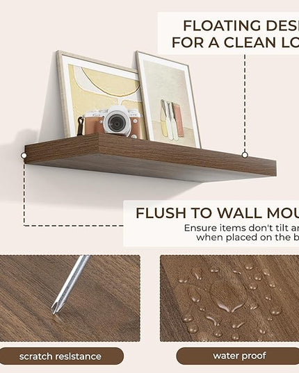 RICHFOCUS 31.5Inch Floating Shelves for Wall 2 Pack Shelves for Bedroom|Kitchen|Bathroom Wall Mounted Rustic Wood Floating Shelf with Invisible Brackets for Books|Storage|Decor, Walnut