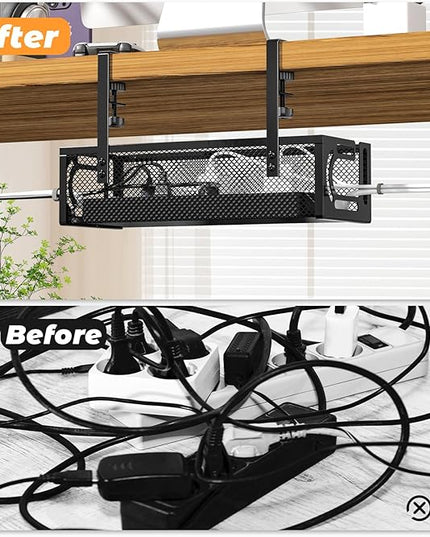 Under Desk Cable Management Tray, 15.7'' No Drill Steel Desk Cable Organizers, Wire Management Tray Cable Management Rack (2 Packs-Black)