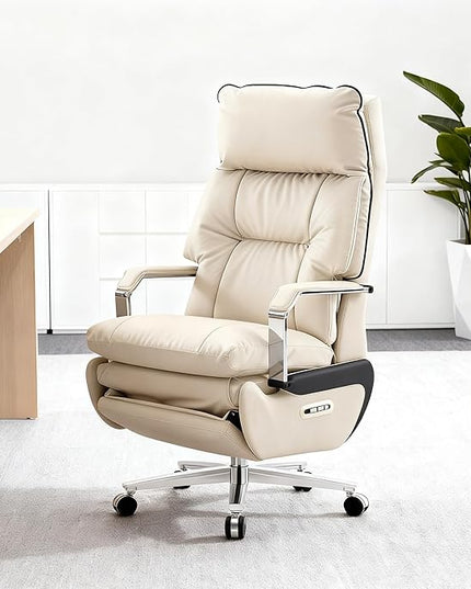 Dual Motor Executive Home Reclining Office Chair with Footrest - One-Click Electric Recline with Massage & Pillow Support Big and Tall PU Leather Ergonomic Desk Chair, High Back Wide Seat (White)