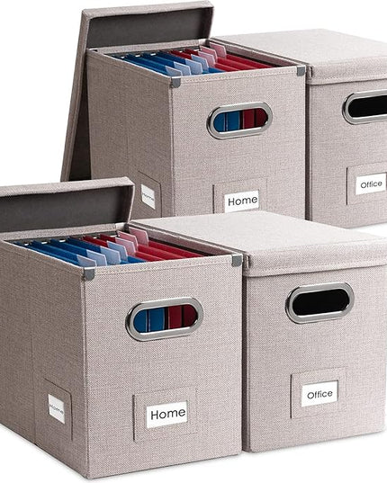 PRANDOM File Organizer Box - Set of 4 Collapsible Decorative Linen Filing Storage Hanging File Folders with Lids Office Cabinet Letter Size Light Grey (14x9.3x10.8 inch)