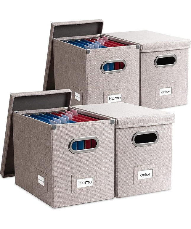 PRANDOM File Organizer Box - Set of 4 Collapsible Decorative Linen Filing Storage Hanging File Folders with Lids Office Cabinet Letter Size Light Grey (14x9.3x10.8 inch)