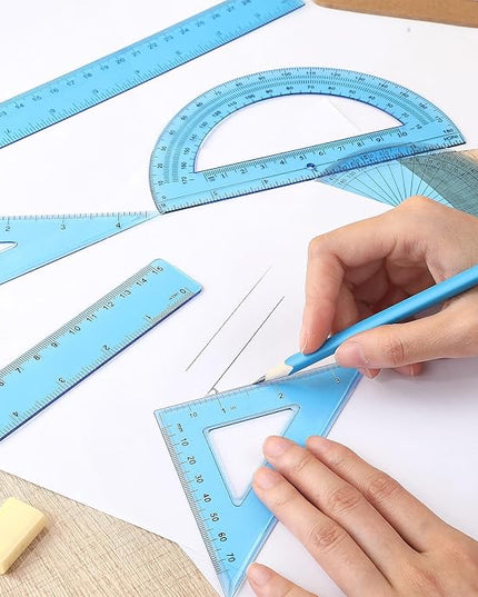 Tenare 1 Set Plastic Clear Math Set Includes Protractor Triangle Rulers 12 Inch 6 Inch Straight Geometry Math Transparent Ruler Measuring Tool for School Office Home Supplies(Blue)