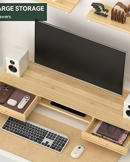 Bamboo Monitor Stand with Drawer - Desk Organizer with Cable Management & Storage, Ergonomic Laptop Riser for Home Office (220lbs Capacity, 39 inch ,Natural)