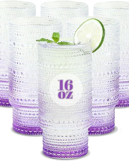 6pcs Hobnail Drinking Glasses Set, 16 oz Vintage Glassware Drinking Glasses, Gradual Purple Water Glasses Tumbler, Cups for Kitchen, Juice, Beer, Cocktail, Whiskey