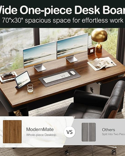 71" Standing Desk with 2 File Cabinet, AC/USB, 1.18" Desktop, L Shaped Height Adjustable Desk, Electric Furniture Set with Multiple Functions for Home and Office, Black Walnut
