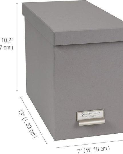 Bigso John Fiberboard Label Frame Desktop File Storage Box - Document Organizer for Important Paperwork - Durable Hanging File Box with a Lid & Metal Label Window - 7.36 x 13.38 x 10.51 in - Grey