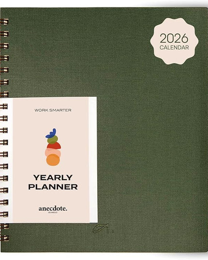 Anecdote 2026 Planner (8.5" x 10") Daily Planner Weekly Monthly Planner - 52 Weeks w/Library Buckram Cover, Brass Spiral - A4 Size Bleed-Resistant Paper – Evergreen