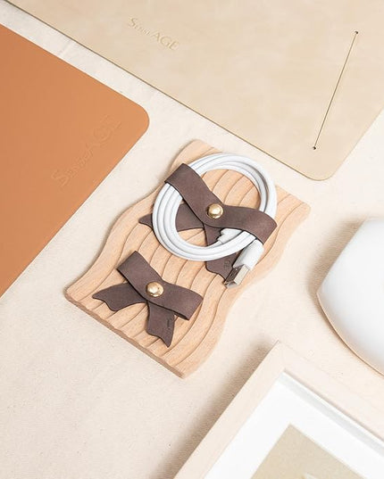 SenseAGE 5 Pack Cord Organizer, Bow Cord Keeper, Cable Organizer USB holder, Leather Cable Management, Cable Straps, Earphone winder, Storage Straps for Electronics, Earbuds (Choco Brown, Small)