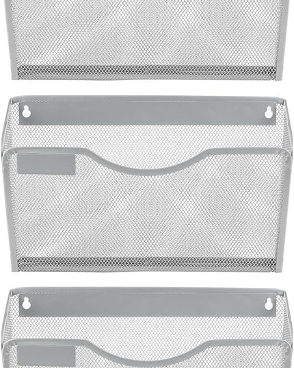 EasyPAG 3 Pack Wall File Organizer with Label Panel, Mesh Hanging File Folder Organizer for Letter/A4 Size Folders, Wall Mounted Vertical Mail Holder for Paperwork, Office, Home, School, Silver