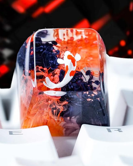 Kohaku Koi Fish Artisan Keycap Red and Black Ocean Coral Reef R1 SA Profile Custom Keycaps 1U ESC Handmade Gaming Resin Key Cap Cherry MX Switch Compatible Mechanical Keyboard Koi Lover Gift