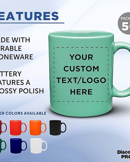Custom Ceramic Coffee Mugs 11 oz. Set of 50, Personalized Bulk Pack - Coffee cup set, Iced coffee cup, Gaming mug - Teal