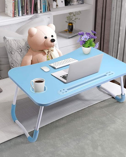Slendor Lap Desk with Cup Holder, Foldable Laptop Table for Bed, Portable Bed Desk for Laptop and Writing, Computer Tray with Tablet Slot, Notebook Stand Reading Holder for Couch Sofa Floor,Blue