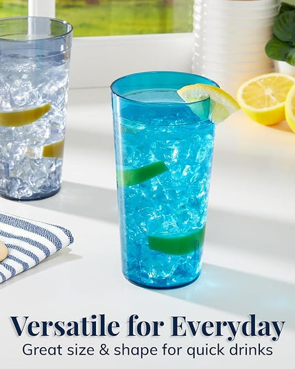 US Acrylic Cafe Plastic Reusable Tumblers (Set of 16) 20-ounce Water Cups Coastal Colors | Restaurant Style Drinking Glasses Value Set, Stackable, BPA-free, Made in the USA | Top-rack Dishwasher Safe