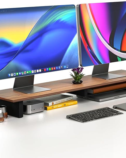 Solid Wood Dual Monitor Stand Riser – 43" Walnut Desk Shelf for 2 Monitors with Tray & Wool Felt, Organizer for Desktop, Laptop and Office (Solid Walnut)