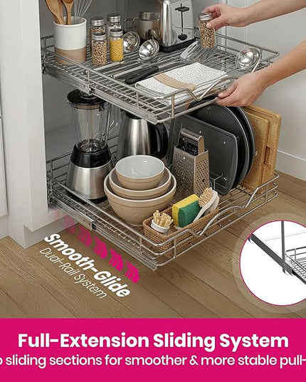 HOLDN’ STORAGE Two Tier Pull Out Cabinet Organizer, Individual Sliding Drawers - Heavy Duty Metal with Lifetime Limited Warranty - Anti Rust Chrome Finish - 15" W x 21”D x 16.5" H