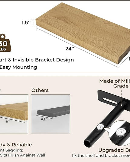 RICHFOCUS 24Inch Floating Shelves for Wall 2 Pack Shelves for Bedroom|Kitchen|Bathroom Wall Mounted Rustic Wood Floating Shelf with Invisible Brackets for Books|Storage|Decor, Oak