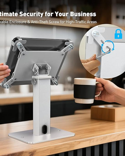 AboveTEK Anti-Theft iPad Kiosk Stand, 360 Rotation & Adj. Height 8.3"–13.4", Heavy-Duty Steel & Aluminum, Fits 9.7"-13" Tablets, Security Retail POS Tablet Stand for Business & Commercial Use (Silver)