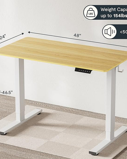 FLEXISPOT EN1 One-Piece Standing Desk, 48"x24" Seamless Desktop Electric Height Adjustable for Home Office, Study Rooms & Multi-Device Workstations, Maple(White Frame)