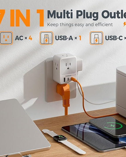 Multi Plug Wall Outlet Splitter, TESSAN Surge Protector 4 Outlet Extender with 3 USB Charger Blocks(2 USB C), 3-Sided Multiple Plug Expander for Home Office Dorm Room School Essentials