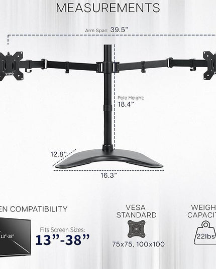 VIVO Dual Ultrawide Monitor Mount, Free-Standing Desk Stand for 2 Screens up to 38 Inches, Heavy-Duty Adjustable Arms, Max VESA 100x100mm, Black, STAND-V038F