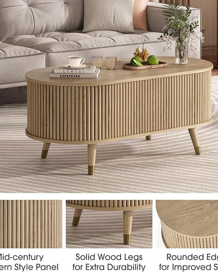 JOINICE 42.5" Oval Lift Top Coffee Table with Storage, Mid Century Modern Oak Center Table with Fluted Panel, Solid Wood Legs & Hidden Compartment for Living Room