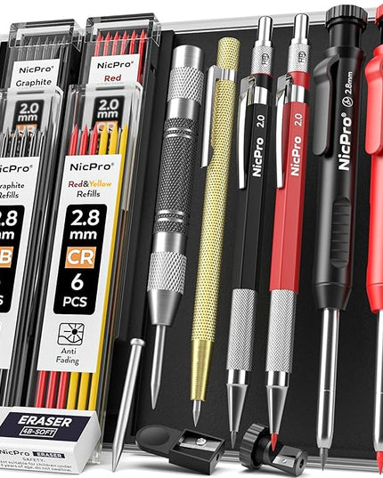 Nicpro 11 Pack Carpenter Pencil Set with Sharpener, Mechanical Carpenter Pencils with 40 Refill, Automatic Center Punch and Carbide Scribe Tool, Heavy Duty Construction Pencil for Architect-With Case