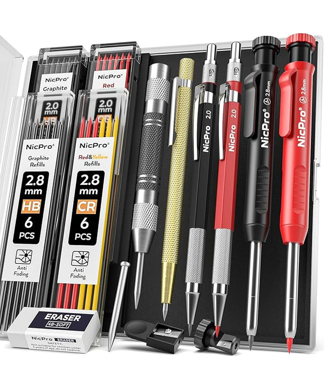 Nicpro 11 Pack Carpenter Pencil Set with Sharpener, Mechanical Carpenter Pencils with 40 Refill, Automatic Center Punch and Carbide Scribe Tool, Heavy Duty Construction Pencil for Architect-With Case