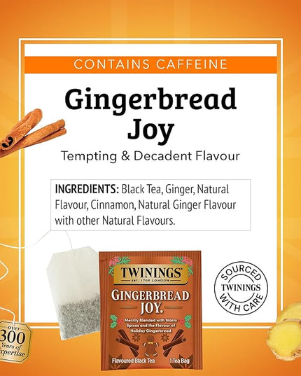 Twinings Gingerbread Joy Black Tea Individually Wrapped Bags, 20 Count (Pack of 1), Ginger & Cinnamon, Caffeinated, Enjoy Hot or Iced, 20 Teabags