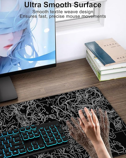 TopMade Mouse Pad with 15W Fast Wireless Charging, 31.5"x15.75" XXL Large Gaming Waterproof Desk Pad with Ultra-Smooth Surface, Non-Slip Base, Computer Desk Mat, Black Topographic Map #3