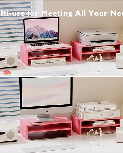 BONTEC Wooden Monitor Stand Riser, 2-Tier Desk Shelf with Storage Organizer, Ergonomic Computer Stand with Cable Management, Cellphone Holder, Pink, 16.5 Inch