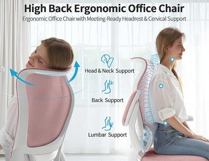 TRALT Ergonomic Office Chair - Desk Chair with Wave High Back Adjustable Lumbar Support Computer Chair - Gaming Chairs Mesh Backrest and PU Leather Seat (PIK)