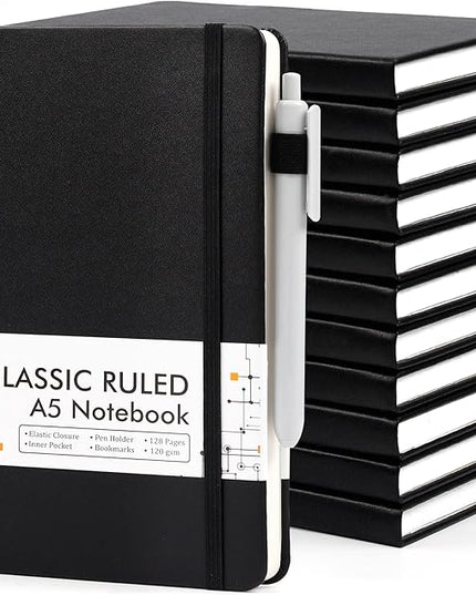 12 Pack Notebooks Journals Bulk with 12 Black Pens, Feela A5 Hardcover Notebook Classic Ruled Journal Set with Pen Holder for School Business Work Travel Writing, 120 GSM, 5.1”x8.3”, Black